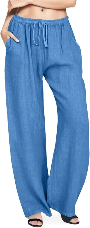 Cotton Linen Pants Women Straight Leg Summer Casual Loose Drawstring High Waist Palazzo Lounge Trouser with Pockets