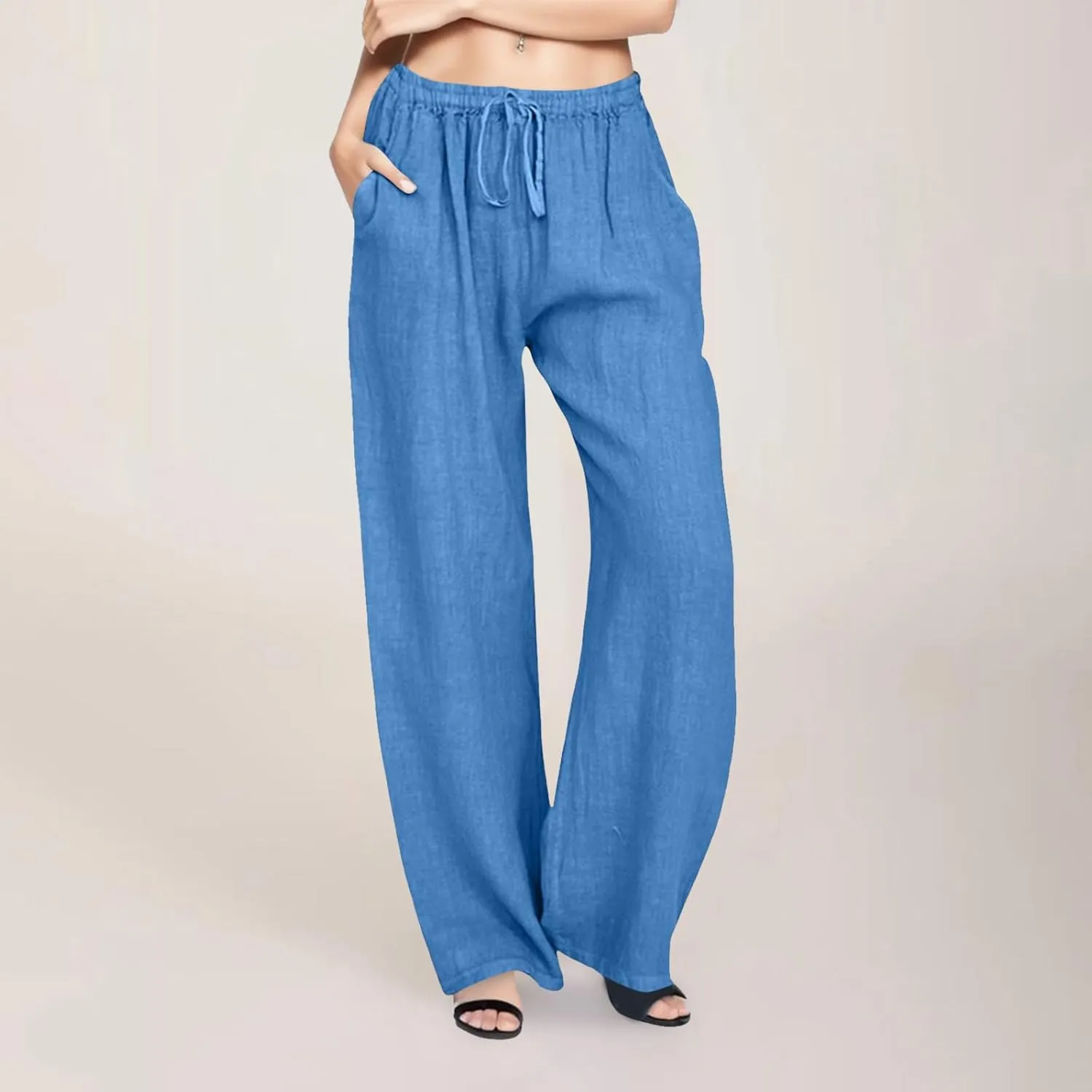 Cotton Linen Pants Women Straight Leg Summer Casual Loose Drawstring High Waist Palazzo Lounge Trouser with Pockets