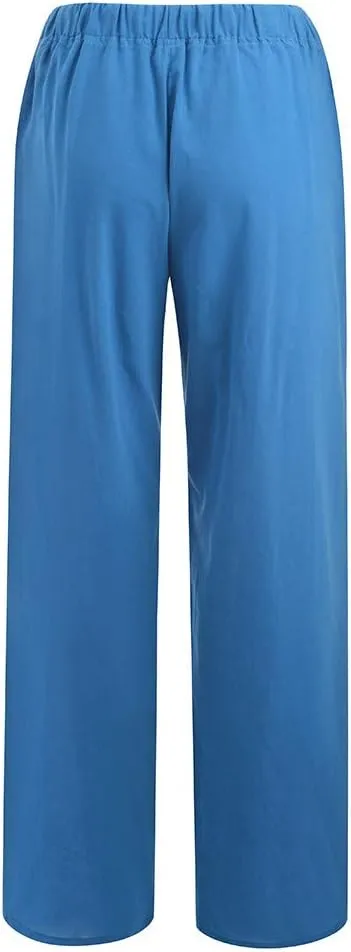 Cotton Linen Pants Women Straight Leg Summer Casual Loose Drawstring High Waist Palazzo Lounge Trouser with Pockets