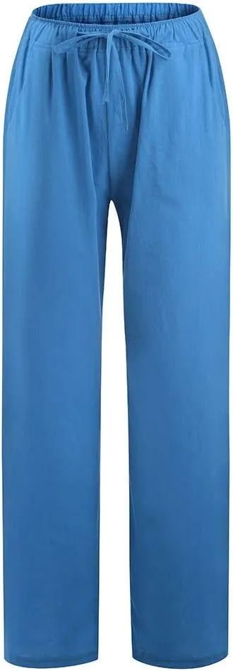 Cotton Linen Pants Women Straight Leg Summer Casual Loose Drawstring High Waist Palazzo Lounge Trouser with Pockets