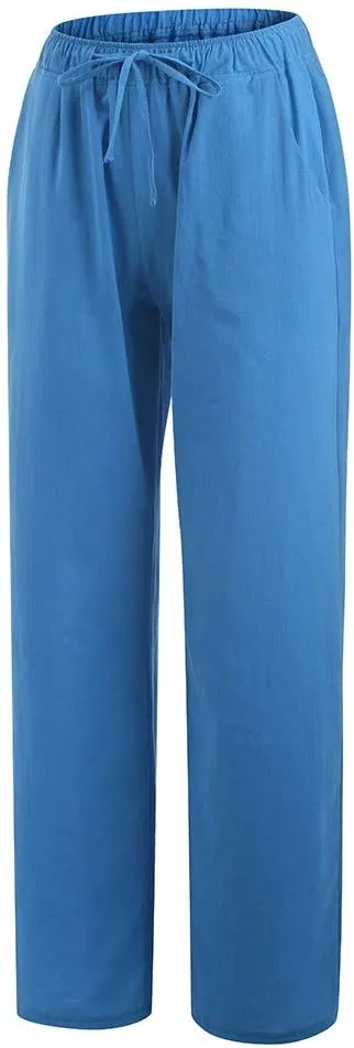 Cotton Linen Pants Women Straight Leg Summer Casual Loose Drawstring High Waist Palazzo Lounge Trouser with Pockets