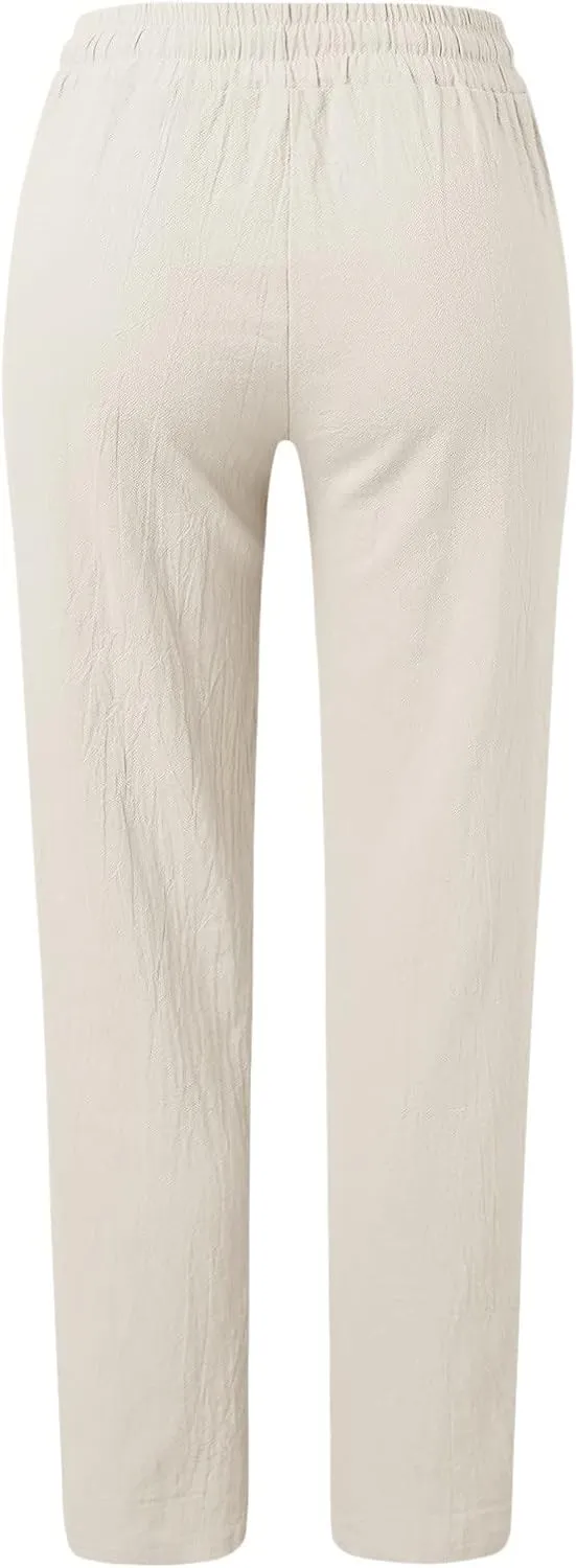 Cotton Linen Pants Women Summer Drawstring Waist Wide Leg Pants Casual Elastic Waist Pants Beach Trousers Outfits