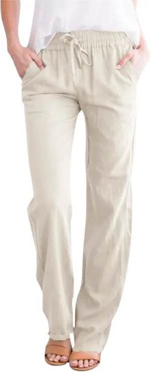 Cotton Linen Pants Women Summer Drawstring Waist Wide Leg Pants Casual Elastic Waist Pants Beach Trousers Outfits