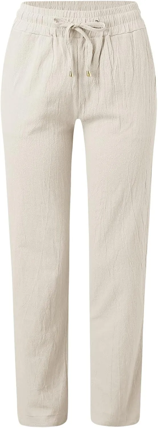 Cotton Linen Pants Women Summer Drawstring Waist Wide Leg Pants Casual Elastic Waist Pants Beach Trousers Outfits