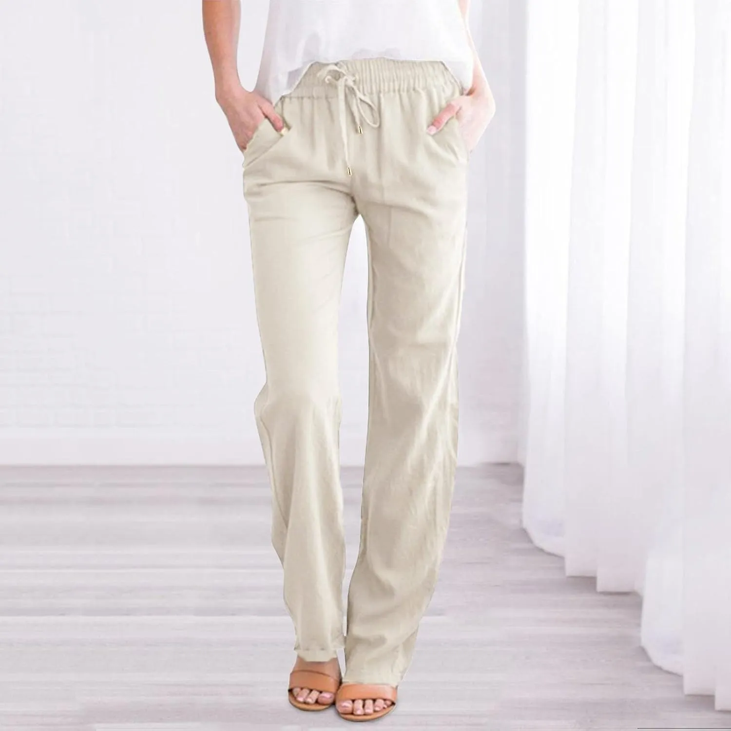 Cotton Linen Pants Women Summer Drawstring Waist Wide Leg Pants Casual Elastic Waist Pants Beach Trousers Outfits