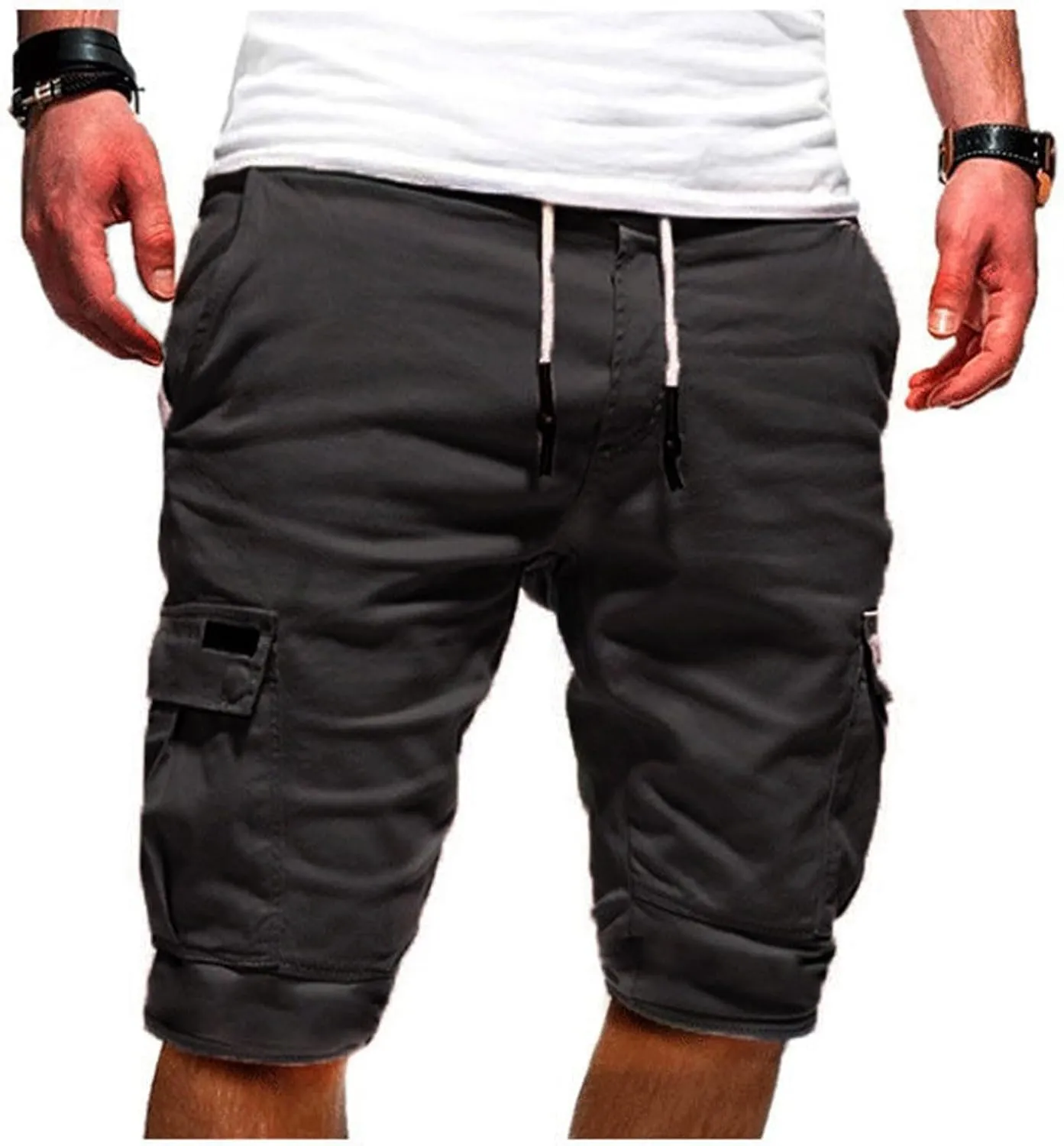 Cotton Men's Cargo Shorts Casual Drawstring Waist Side Pockets Mid Length Relaxed Comfortable Summer Beachwear