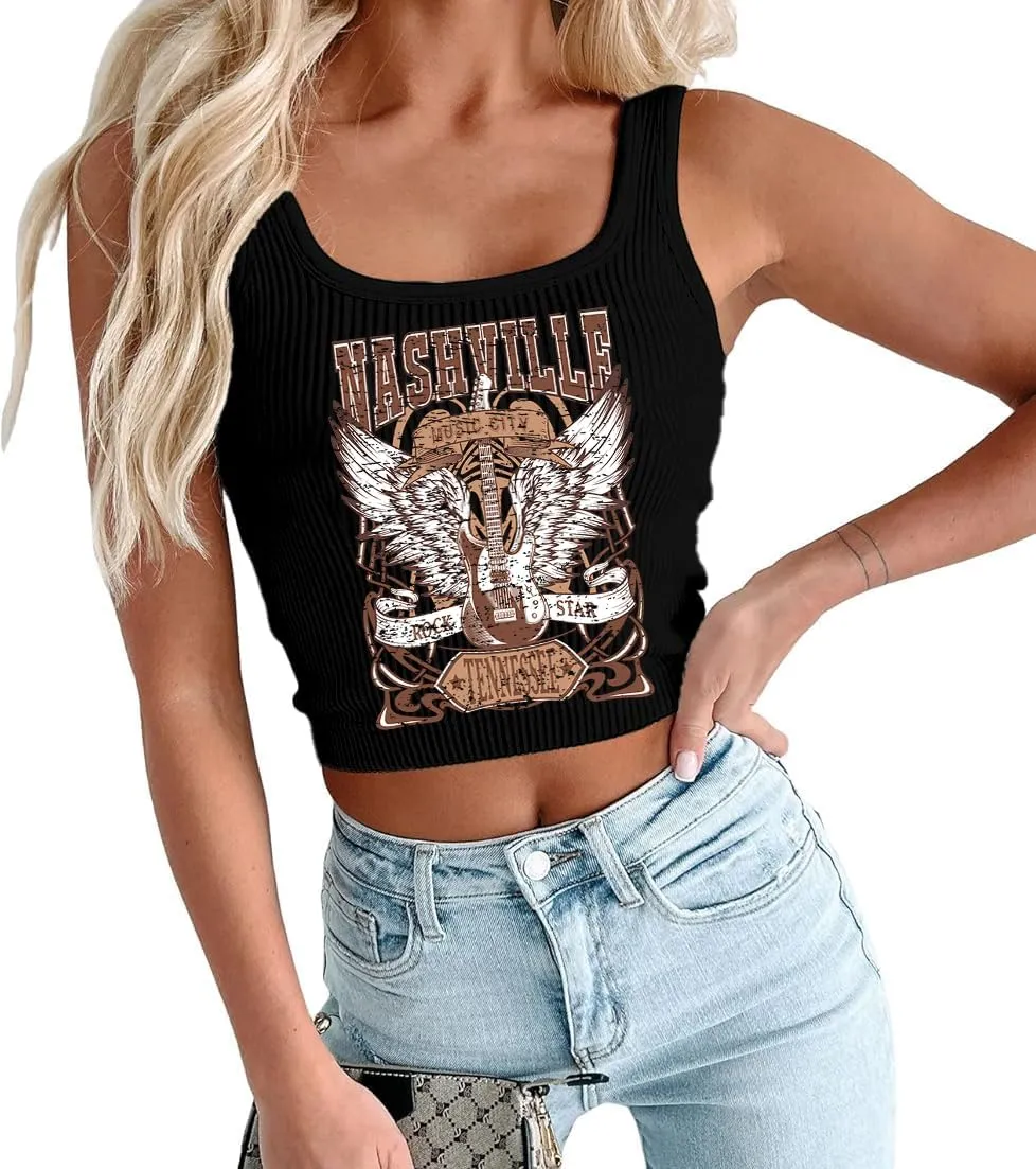 Cowgirl Cropped Tank Tops Summer Country Concert Outfits for Women Western Cowboy Vintage Graphic Crop Top