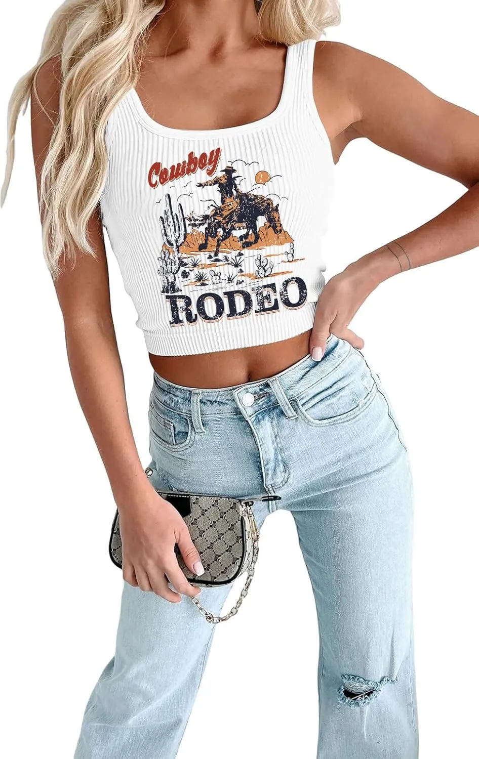 Cowgirl Cropped Tank Tops Summer Country Concert Outfits for Women Western Cowboy Vintage Graphic Crop Top