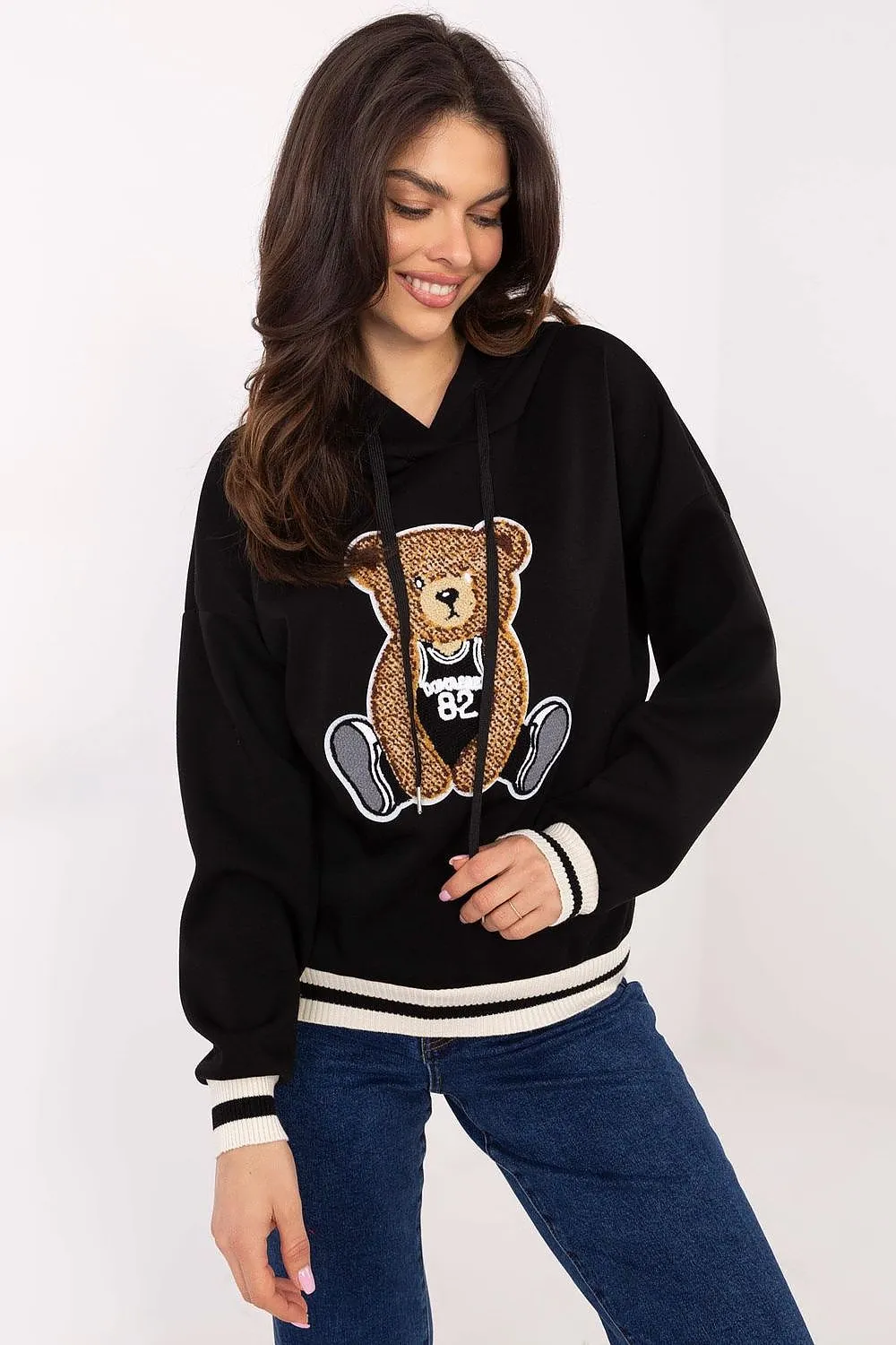 Cozy & Chic Women's Sweatshirt with Hood, Contrast Ribbons & Teddy Bear Patch