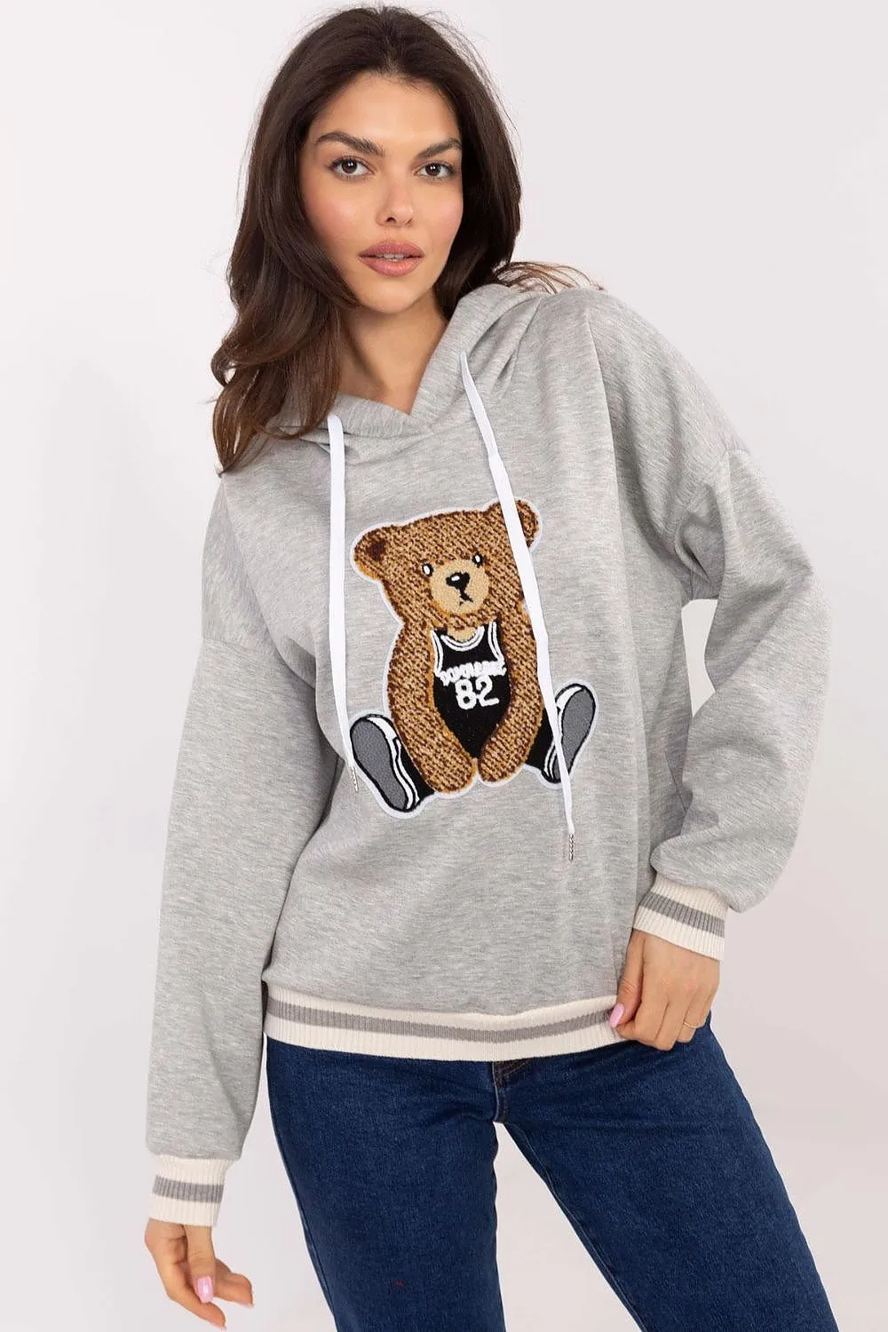 Cozy & Chic Women's Sweatshirt with Hood, Contrast Ribbons & Teddy Bear Patch