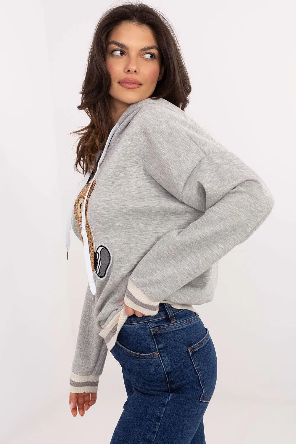 Cozy & Chic Women's Sweatshirt with Hood, Contrast Ribbons & Teddy Bear Patch