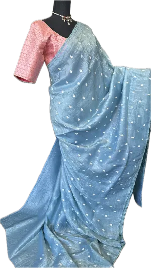 Crushed soft silk saree pastel blue with silk blouse online shopping usa