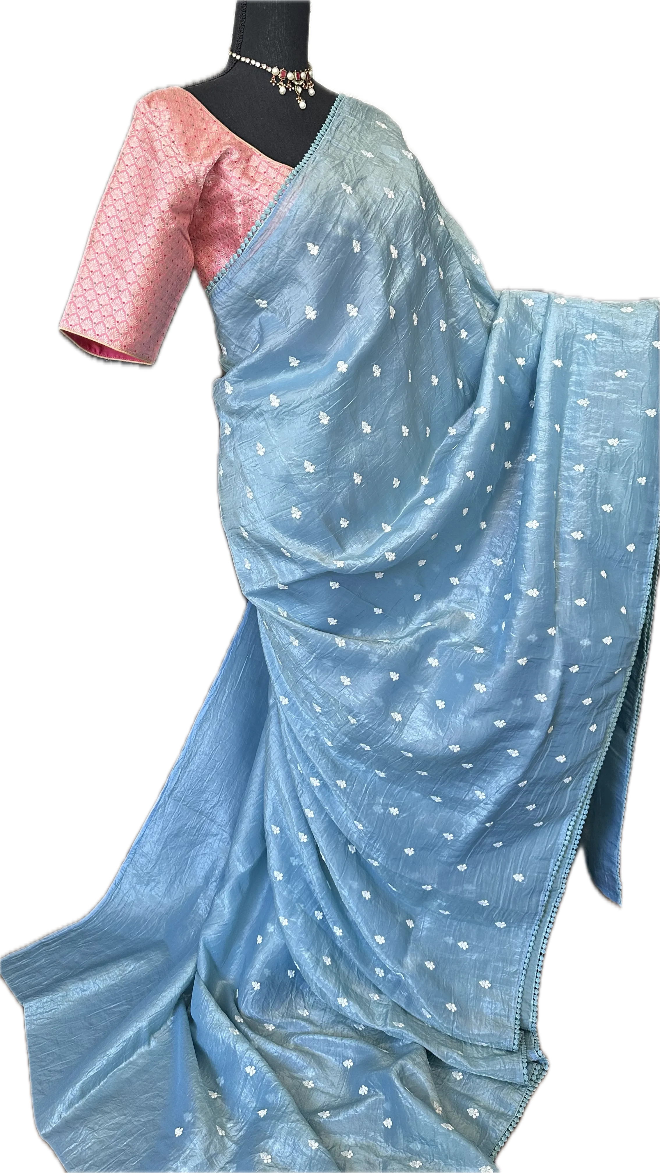 Crushed soft silk saree pastel blue with silk blouse online shopping usa