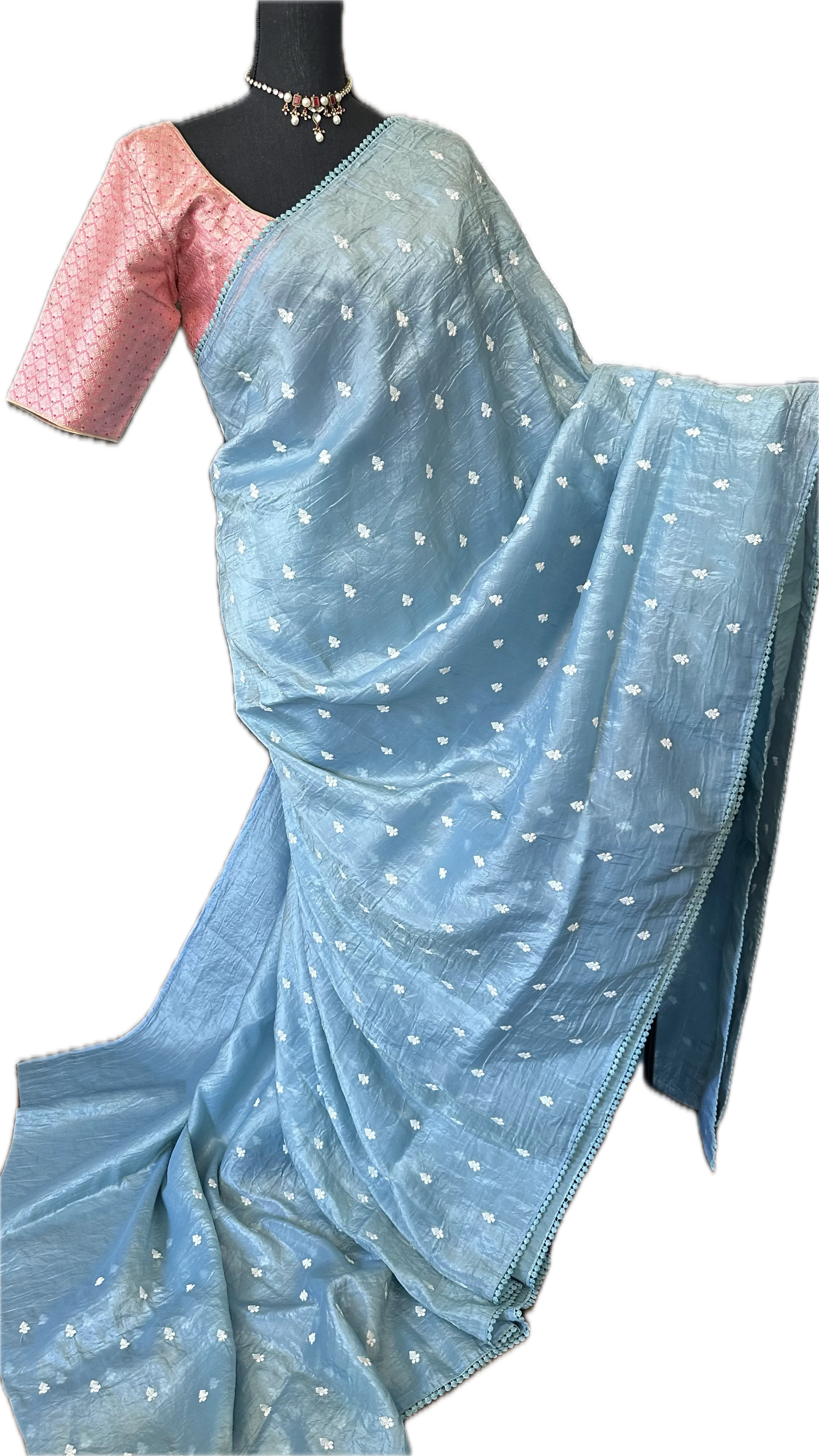 Crushed soft silk saree pastel blue with silk blouse online shopping usa