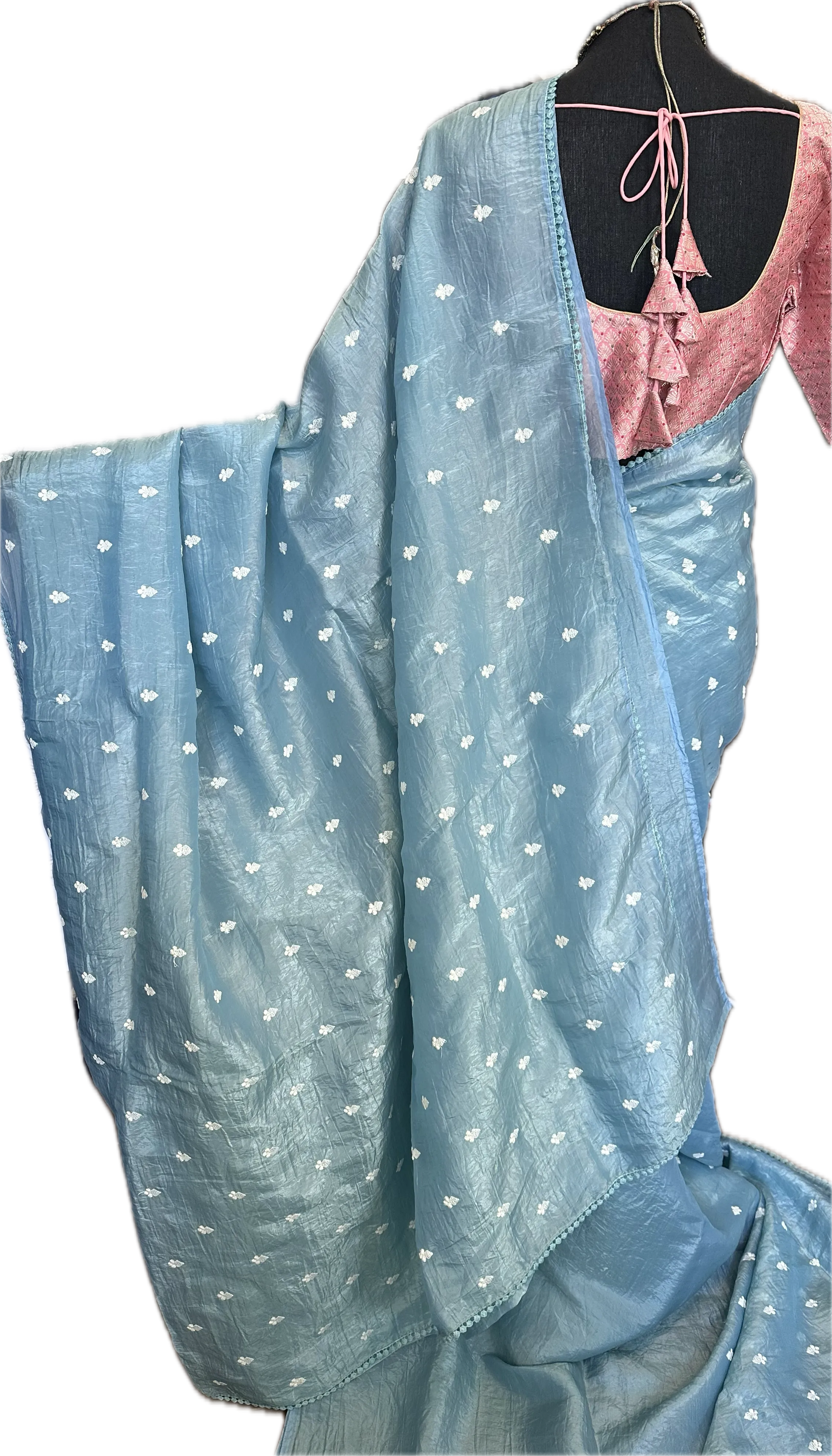 Crushed soft silk saree pastel blue with silk blouse online shopping usa