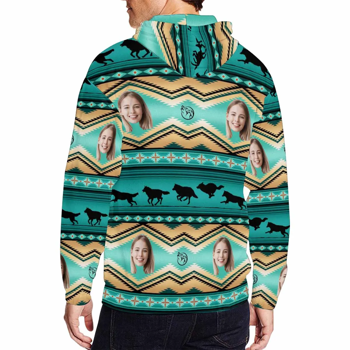 Custom Face Full Zip Hoodie Green Personalized Men's All Over Print Hoodie with Girifriend Face
