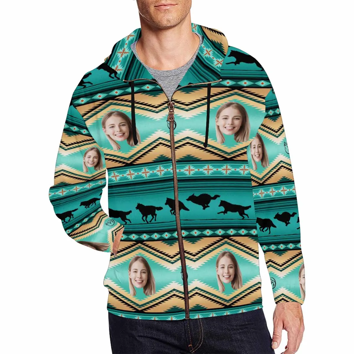 Custom Face Full Zip Hoodie Green Personalized Men's All Over Print Hoodie with Girifriend Face
