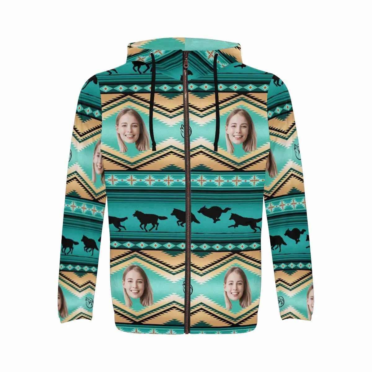 Custom Face Full Zip Hoodie Green Personalized Men's All Over Print Hoodie with Girifriend Face