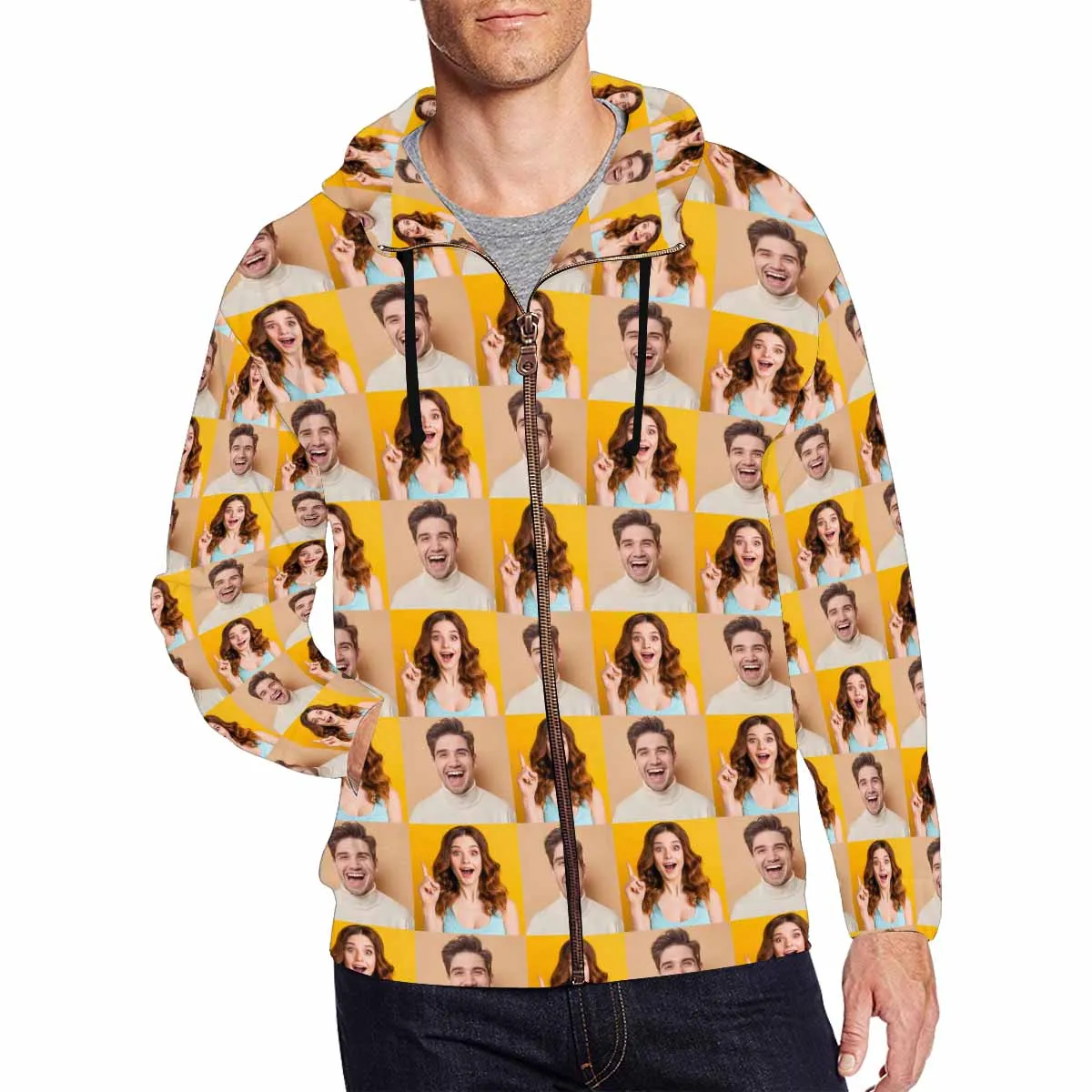 Custom Face Full Zip Hoodie Personalized Couple Face Seamless Men's All Over Print Loose Hoodie