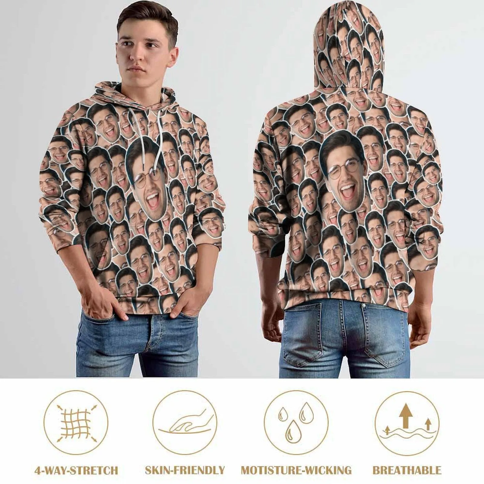 Custom Face Outline Unisex Hoodie Personalized Photo Loose Pullover Hoodie
