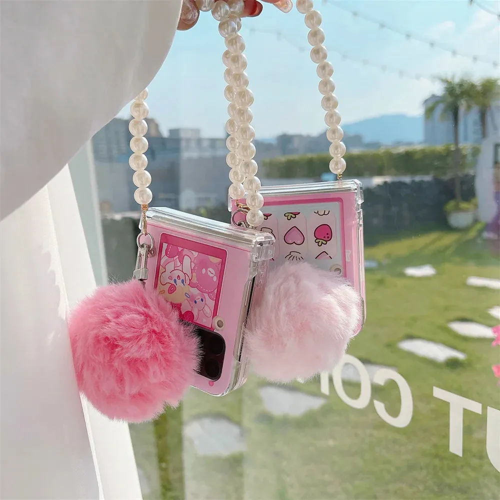 Cute Fluffy Pom Pom Pearl Beaded Wristlet Strap Phone Case Cover for Samsung Z Flip