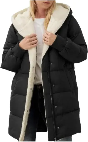 Dcvmvmn Women's Casual Down Jacket Thick Fleece Hooded Cotton Padded Coat Mid-Length Cotton Outwear Black