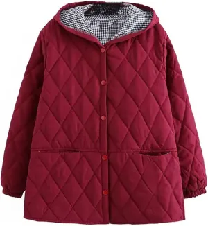 Dcvmvmn Women's Cotton Jacket Winter Loose Casual Hooded Coat Female Thicken Cotton-Padded Parkas Wine Red