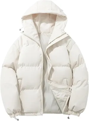 Dcvmvmn Women's Warm Puffer Jacket Hooded Short Parkas Coat Casual Thicken Cotton-Padded Outwear White