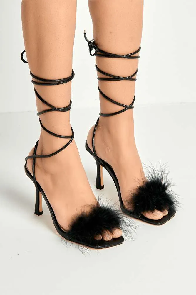 Delilah Feather Band Lace Up Heels in Black