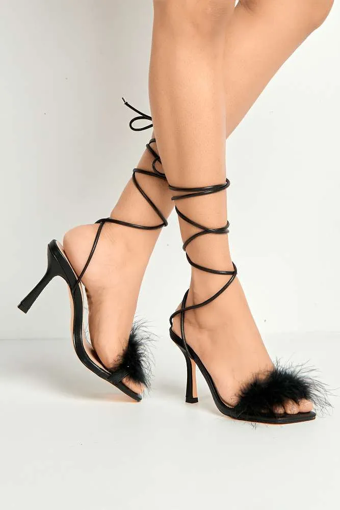 Delilah Feather Band Lace Up Heels in Black
