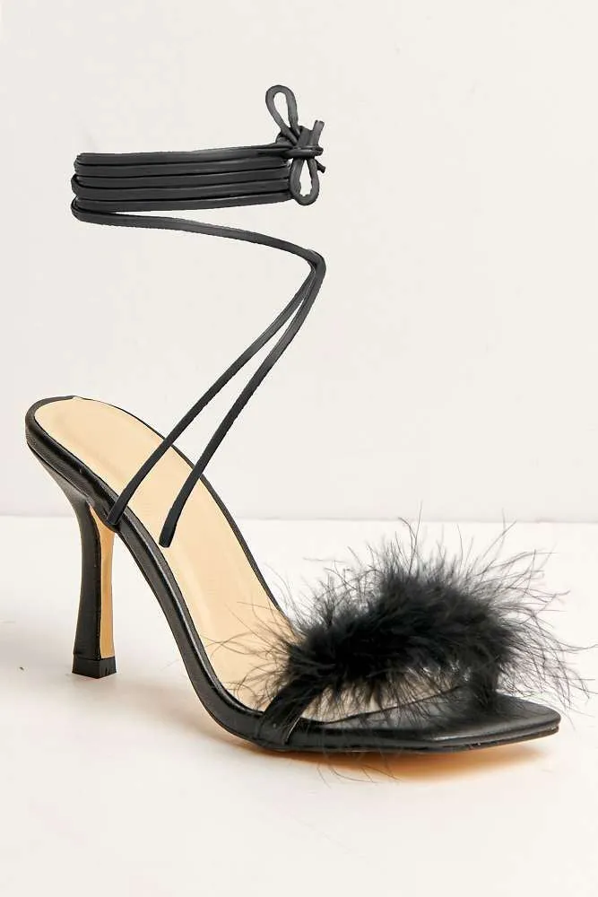 Delilah Feather Band Lace Up Heels in Black