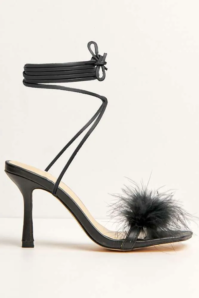 Delilah Feather Band Lace Up Heels in Black