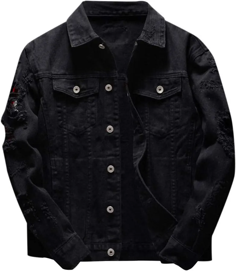 Distressed Denim Jacket Men Denim Jacket Ripped Slim Jean Jacket Coat Solid Color Button Down Trucker Jackets