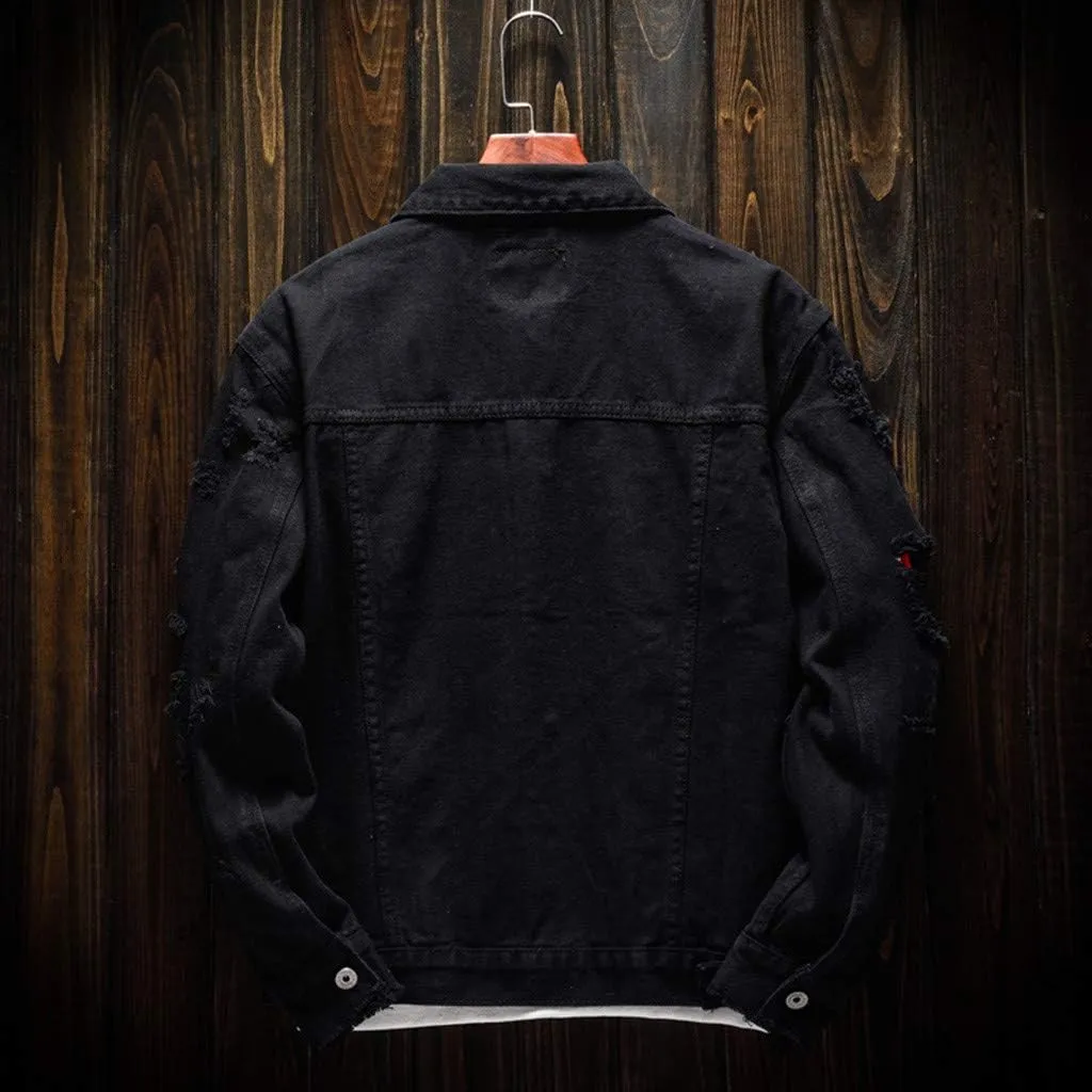 Distressed Denim Jacket Men Denim Jacket Ripped Slim Jean Jacket Coat Solid Color Button Down Trucker Jackets