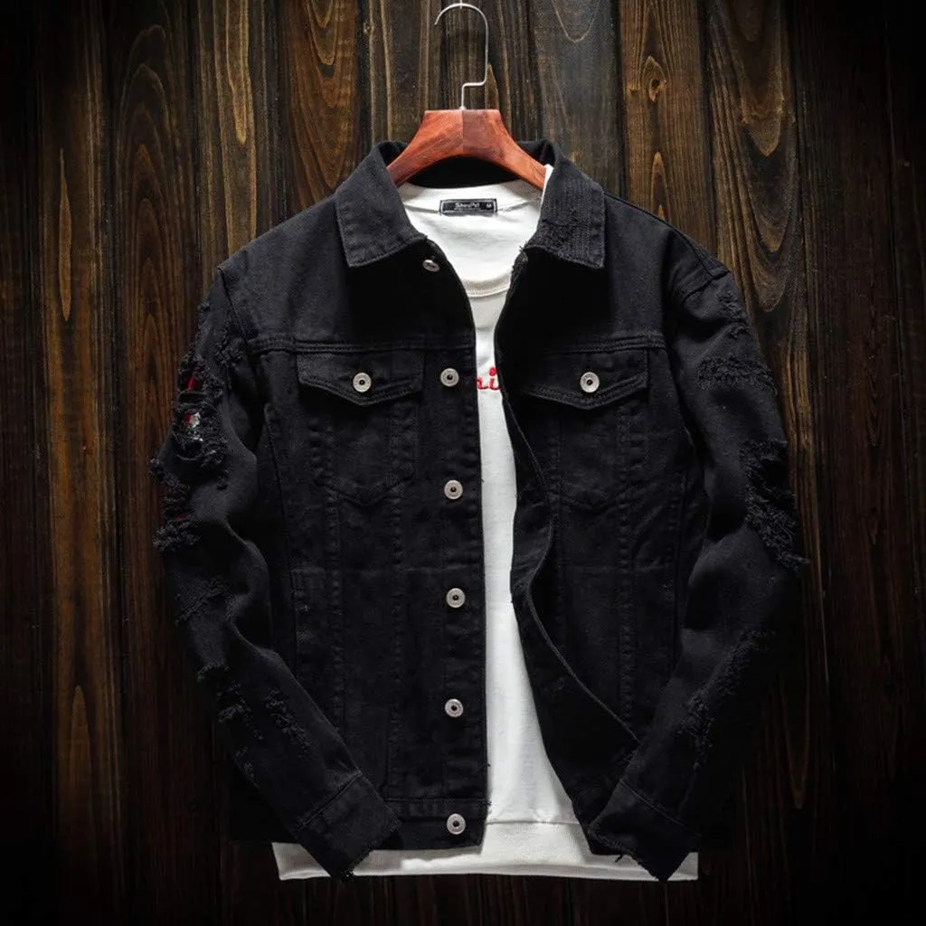 Distressed Denim Jacket Men Denim Jacket Ripped Slim Jean Jacket Coat Solid Color Button Down Trucker Jackets