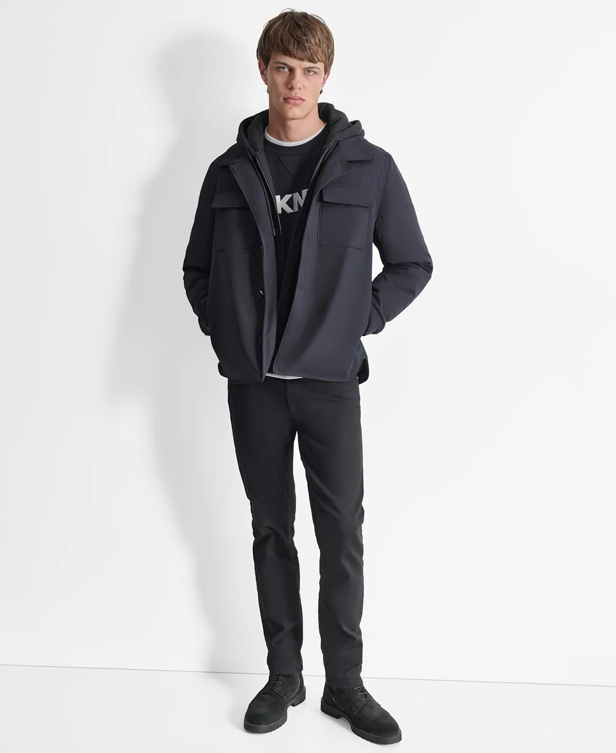 DKNY Men's Water Resistant Hooded Soft Faux Leather Durable Jacket