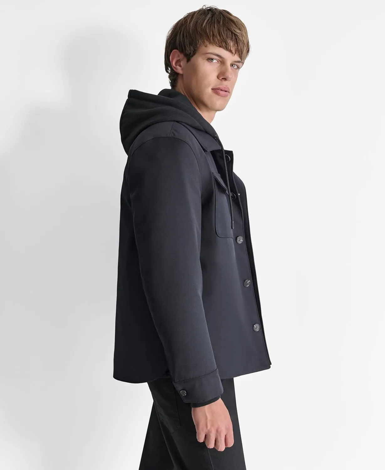 DKNY Men's Water Resistant Hooded Soft Faux Leather Durable Jacket