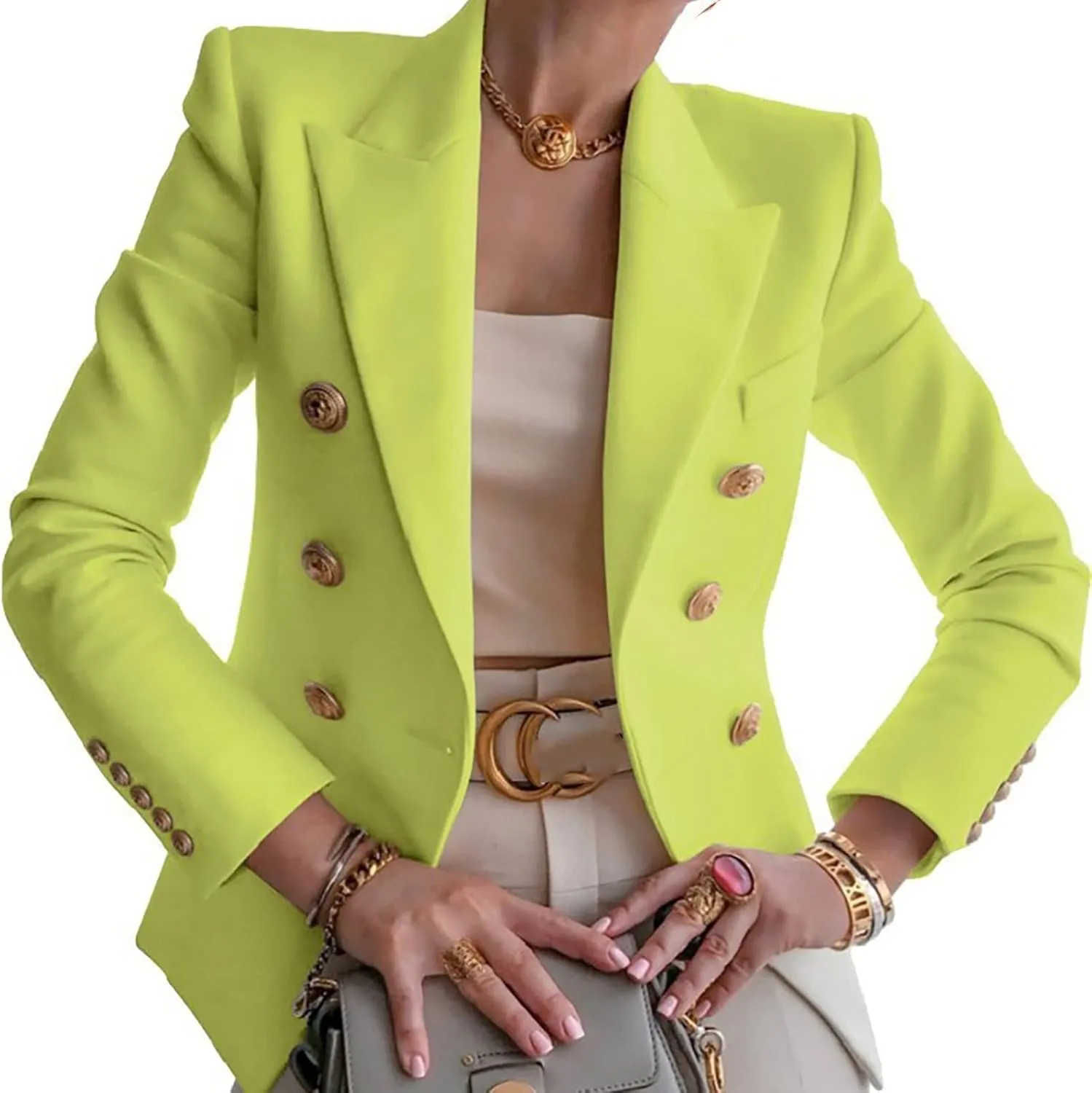 Double Breasted Blazer Women Gold Button Notch Suit Jacket Long Sleeve Business Casual Lapel Coat for Work