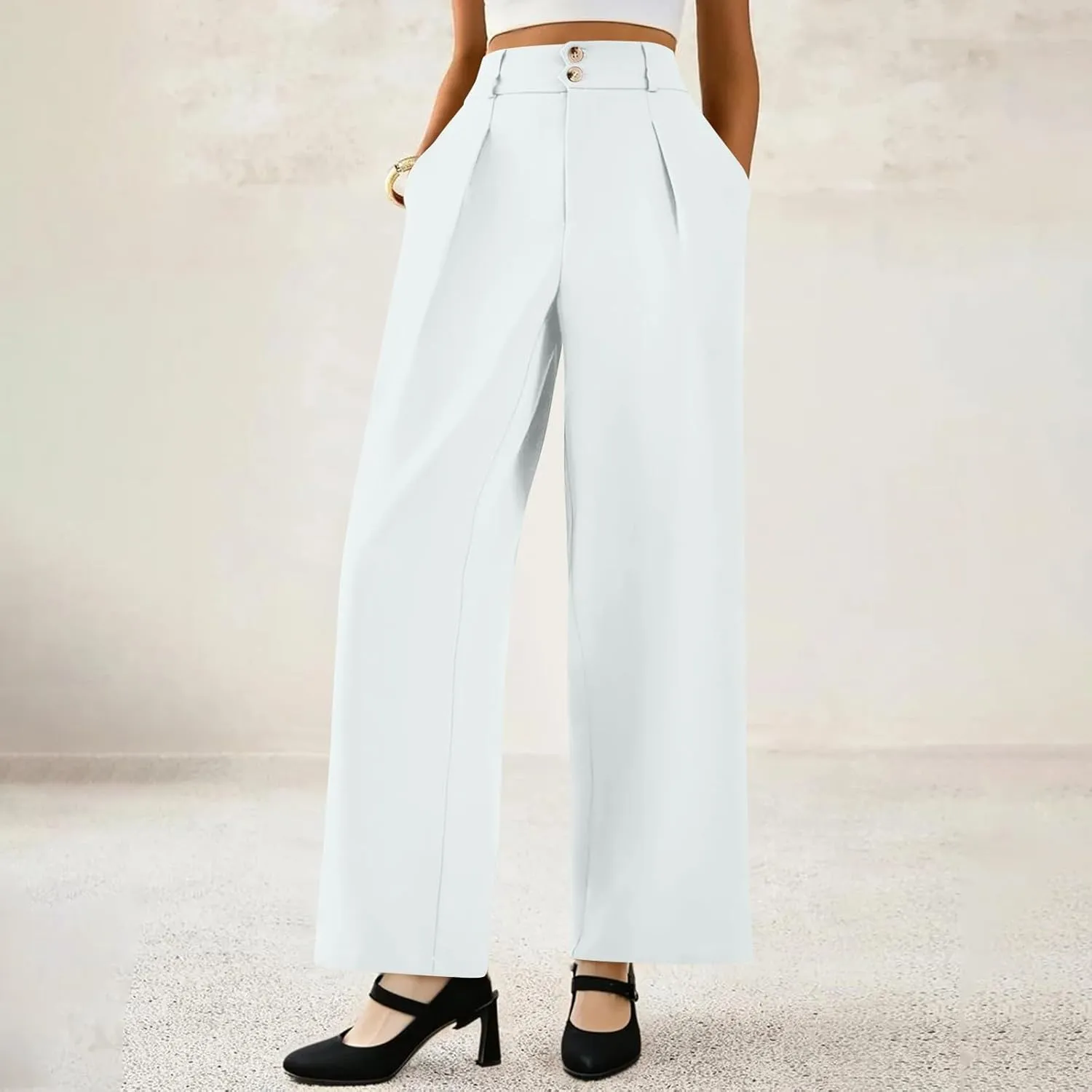 Dress Pants Women Tummy Control High Waisted Work Pants Business Casual Twill Wide Leg Chino Pants with Pockets