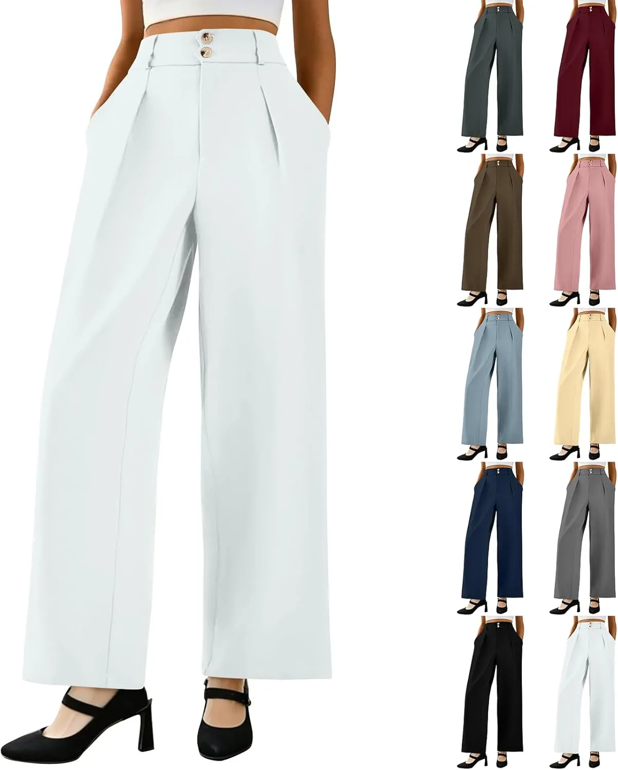 Dress Pants Women Tummy Control High Waisted Work Pants Business Casual Twill Wide Leg Chino Pants with Pockets