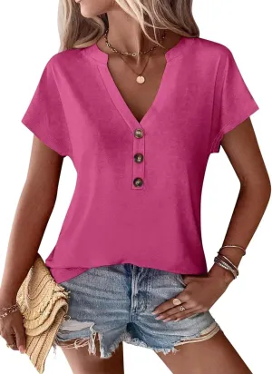 EADINVE Womens Tshirts V Neck Short Sleeve Buttons Tops Batwing Sleeve Tee Summer Color Block Blouse Loose Fit 2024 Shirs
