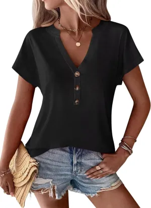 EADINVE Womens Tshirts V Neck Short Sleeve Buttons Tops Batwing Sleeve Tee Summer Color Block Blouse Loose Fit 2024 Shirs