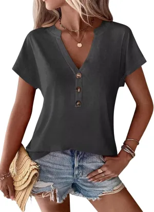 EADINVE Womens Tshirts V Neck Short Sleeve Buttons Tops Batwing Sleeve Tee Summer Color Block Blouse Loose Fit 2024 Shirs