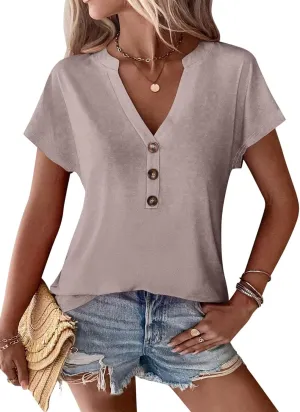 EADINVE Womens Tshirts V Neck Short Sleeve Buttons Tops Batwing Sleeve Tee Summer Color Block Blouse Loose Fit 2024 Shirs