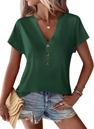 EADINVE Womens Tshirts V Neck Short Sleeve Buttons Tops Batwing Sleeve Tee Summer Color Block Blouse Loose Fit 2024 Shirs