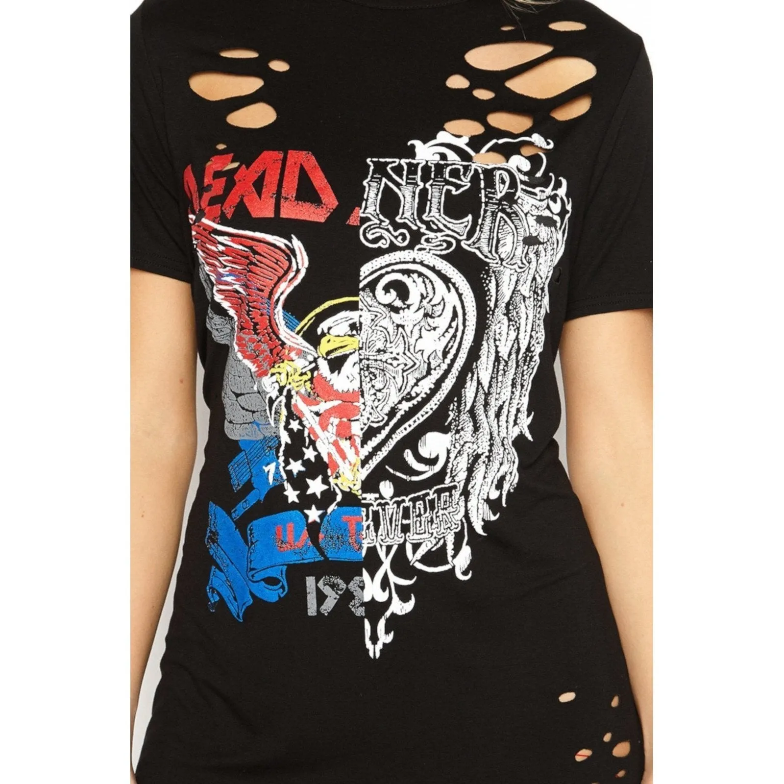 Edgy Black Steampunk Distressed Hollow Out Graphic T-Shirt Dress