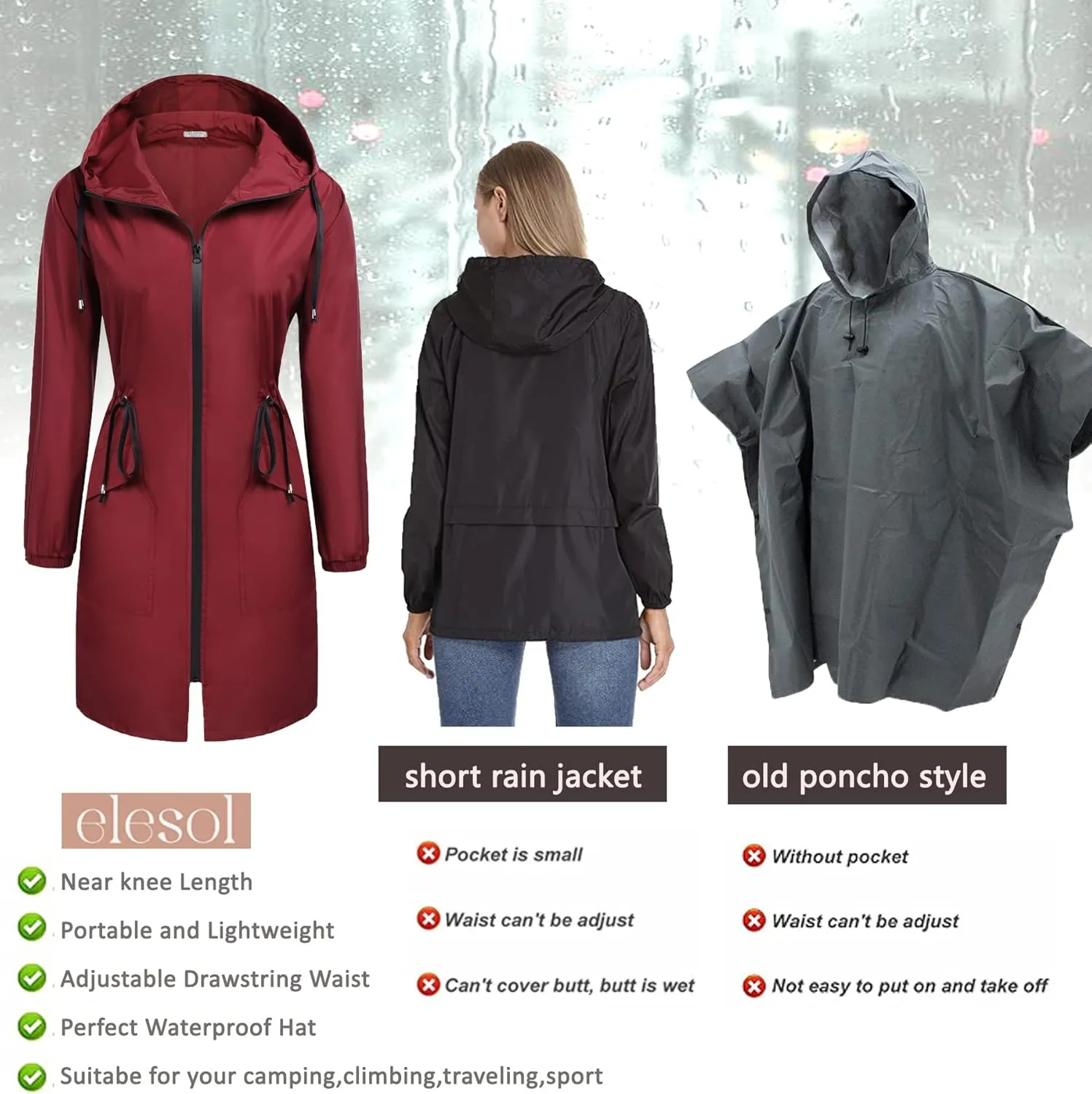 ELESOL Women Rain Jacket Waterproof Long Rain Coats Hooded Windbreaker Lightweight Raincoats Travel Hooded Trench Coats S-3XL