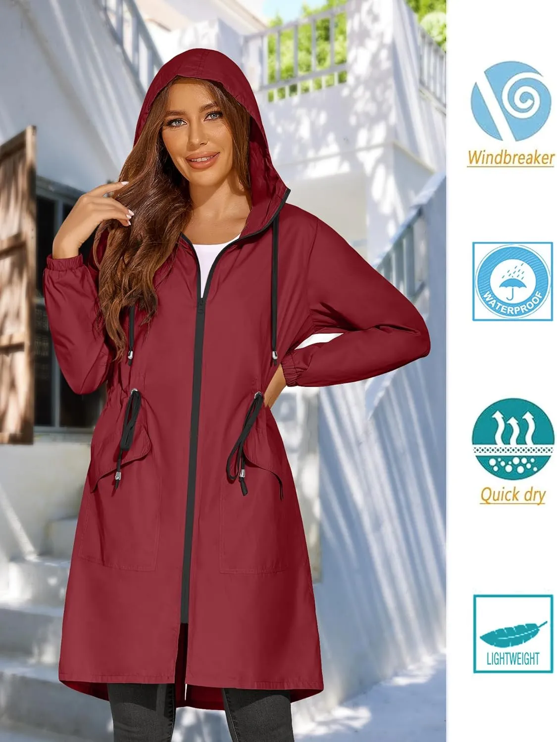 ELESOL Women Rain Jacket Waterproof Long Rain Coats Hooded Windbreaker Lightweight Raincoats Travel Hooded Trench Coats S-3XL