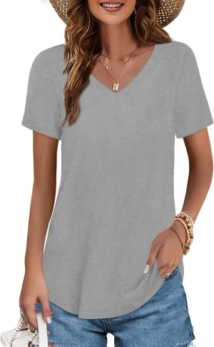 Elesomo Womens T Shirts V Neck Summer Short/Long Sleeve Cotton Tops Tees