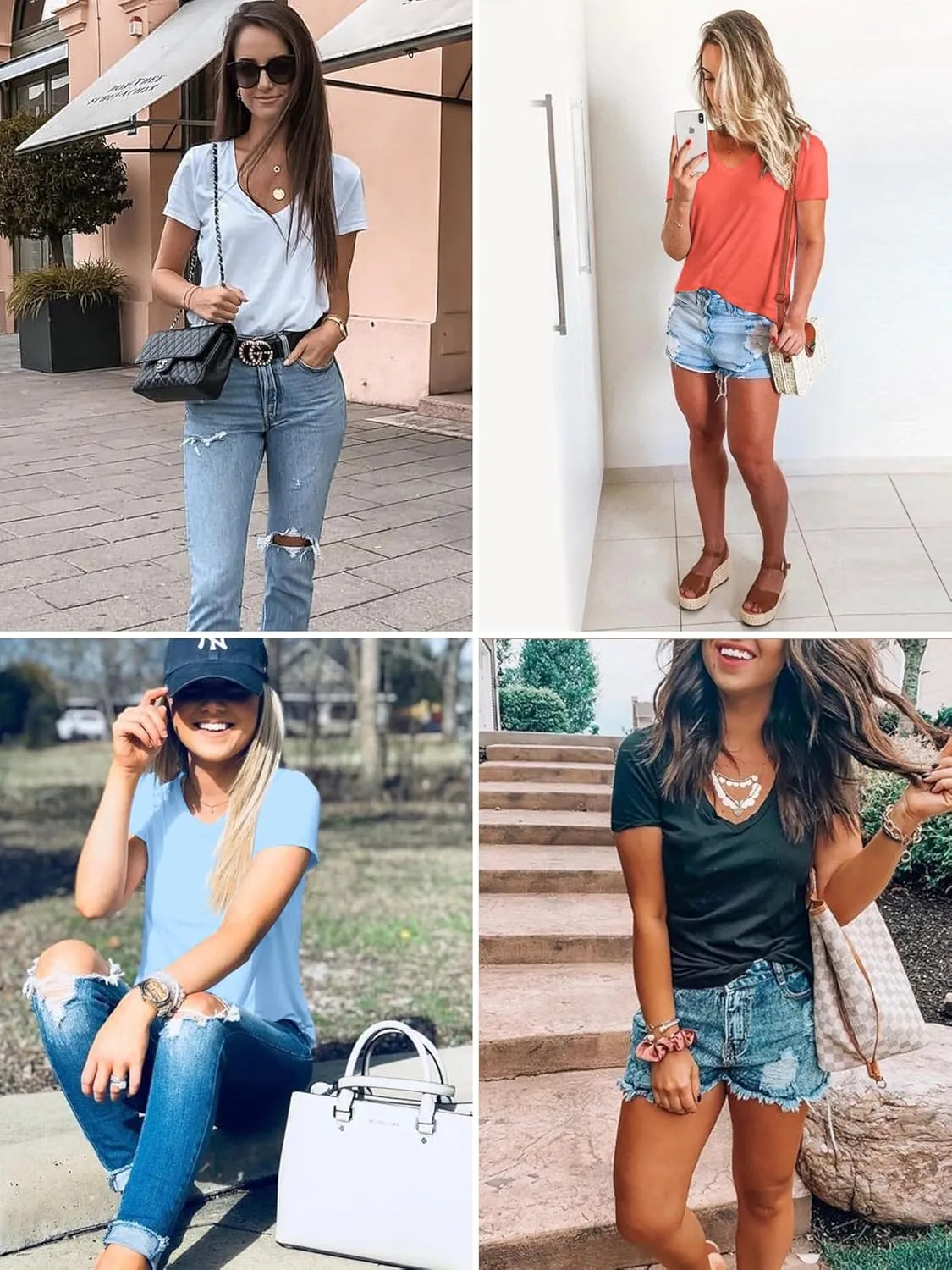 Elesomo Womens T Shirts V Neck Summer Short/Long Sleeve Cotton Tops Tees